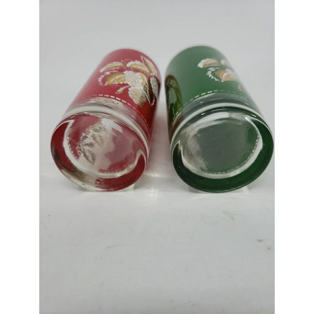 Vintage Libbey Grape Leaf Design Glasses Red Green Gold Christmas 12 oz MCM USA